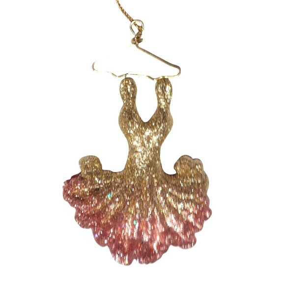Vintage Gold & Pink Glitter Resin Dress Ornament With Gold Brass Hanger 5.5" - Picture 5 of 7